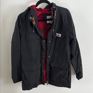 Charcoal Military Field Jacket with Red Quilted Insulation